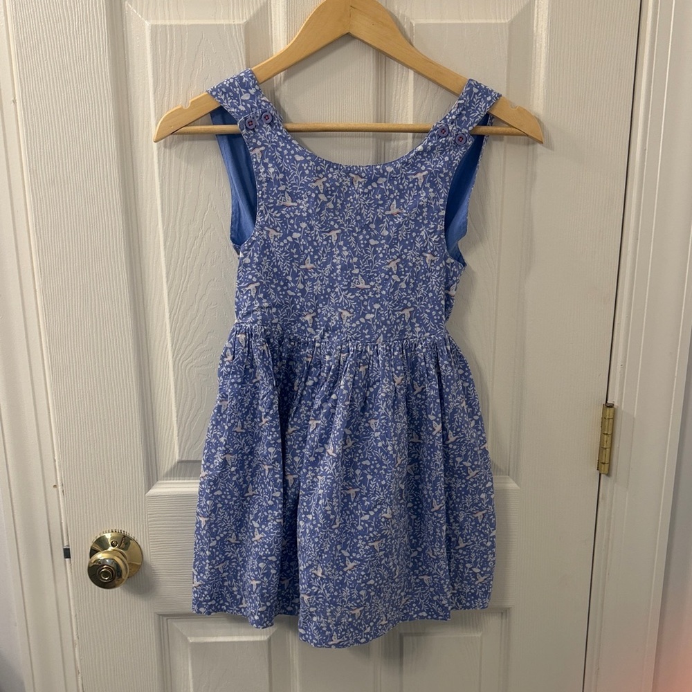 Mini Boden Blue Floral Bird Print Button-Strap Dress
